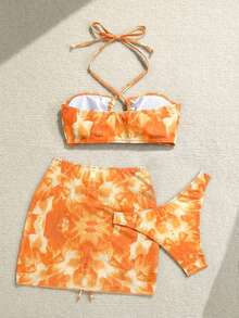 Soleia Women's Floral Print Halter Neck Bikini Set With Sarong Skirt - Orange - View 2