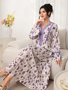 Al Najma Middle Eastern Arabic Style Printed Long Sleeve Loose Robe, Vacation Vibe Turkish Kaftan - Purple - View 1