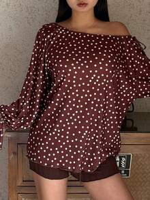 DAZY Polka Dot Print Loose Asymmetrical Shoulder Top & Super Short Fitted Pajama Pants Women Sleepwear Set - Brown - View 8