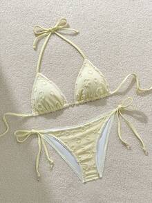 Swim Mod 2022 Spring/Summer Vacation Beach Textured Fabric Triangle Cup Floral Trim Cute Sweet Bikini 2 Pieces Set 2026 New Women's Swimwear ArrivalFor School,Suitable For Holiday, Date, Afternoon Tea, Western, Cruise, Beach, Island, Road Trip, All Seasons, Music Festival, Boho Vacation,Bohemian Vacation, Chill Autumn ,Western Boho ,Elegant Tops For Women - Yellow - View 4