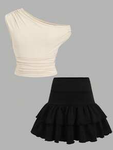 Tween Girl Casual Asymmetric Shoulder T-Shirt & Ruffle Hem Skirt Set - Black and White - View 3