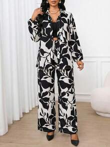 SHEIN Lady 2pcs Women Casual All-Over Print Long Sleeve Shirt And Pants Set - Black and White - View 1
