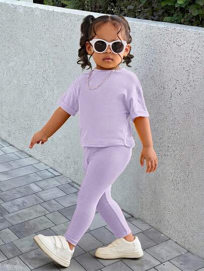 SHEIN Leap Crew Baby Girl Red Short Sleeve T-Shirt & Elastic Waist Pants Set, Casual Outfit For Outings Fashionable Bright Yellow Outfit Set Lilac Blue Toddler Outfit 2 Piece 12 Month Set Lavender Toddler Girl Purple Sets Lavender Outfit Toddler,Kids