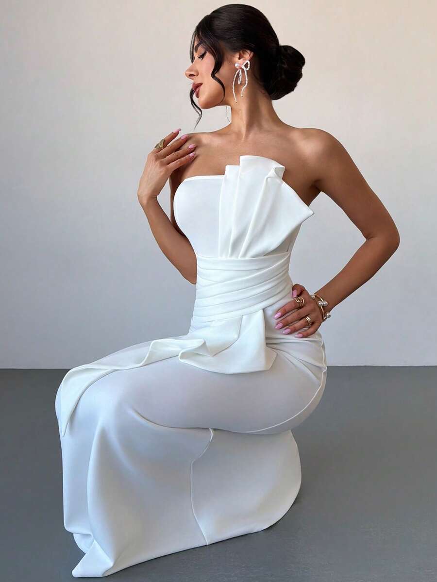 Firerie Women's Elegant, Exquisite, Romantic, Dignified, Luxurious Holiday Ball Gown, Suitable For Valentine's Day, Date, Birthday Party, Vacation, Asymmetrical Mermaid Strapless White Dress ,Summer Dress,Elegant Dress - White - View 1