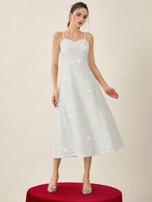 Opuloom Christmas Women's High-Quality Fabric Collared Shoulder Long Sleeve Shiny Knit Patchwork Straight Short Jacket Paired With A-Line Maxi Skirt, Elegant French Chic Casual Outfit For Daily Wear, Autumn/Winter - White - View 3