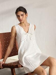Ocili 100% Cotton Embroidered Floral Trim Sleeveless Short Dress With Front Opening, Comfortable Nightgown For Women - White - View 7