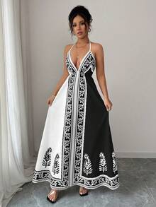 Rafferiza 女士碎花深V领连衣裙 - 黑與白 - 查看 3