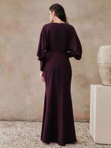 Anewsta Vestido elegante de manga larga con cuello en V y cintura ceñida, con estampado gráfico y floral, adecuado para el Día de San Valentín, vacaciones, carnaval y fiestas elegantes - Rojo violeta - Ver 2