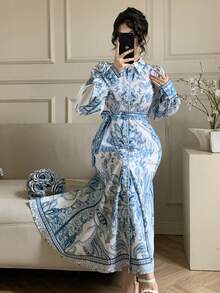DAZY Đầm maxi thanh lịch màu xanh trắng phối sứ tương phản, thích hợp cho ngày Valentine, đám cưới, tiệc tùng, sự kiện trang trọng, sự kiện thời trang, đi làm, thắt eo, chân váy xòe, tay dài. - Màu xanh lam - Xem 6