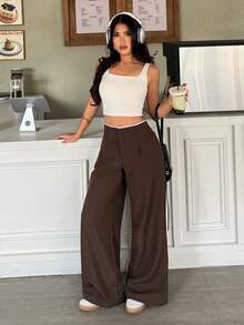 FavEase Pantalones rectos de pierna versátiles y de negocios para mujer, con diseño de empalme de cintura de alta gama que estilizan, pantalones largos de color marrón oscuro - Marrón - Ver 5