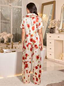LuxeNights Elegant Rose Floral Print Silk Blend Robe & Pajama Set For Women Floral Pj Set Short-Sleeved Pajama Set - Red - View 2