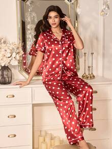 LuxeNights Contrast Trim Faux Silk Polka Dot Lapel Collar Women Pajama Set Red Polka Dot Pajama Set Button Up Pajamas Set - Red - View 3