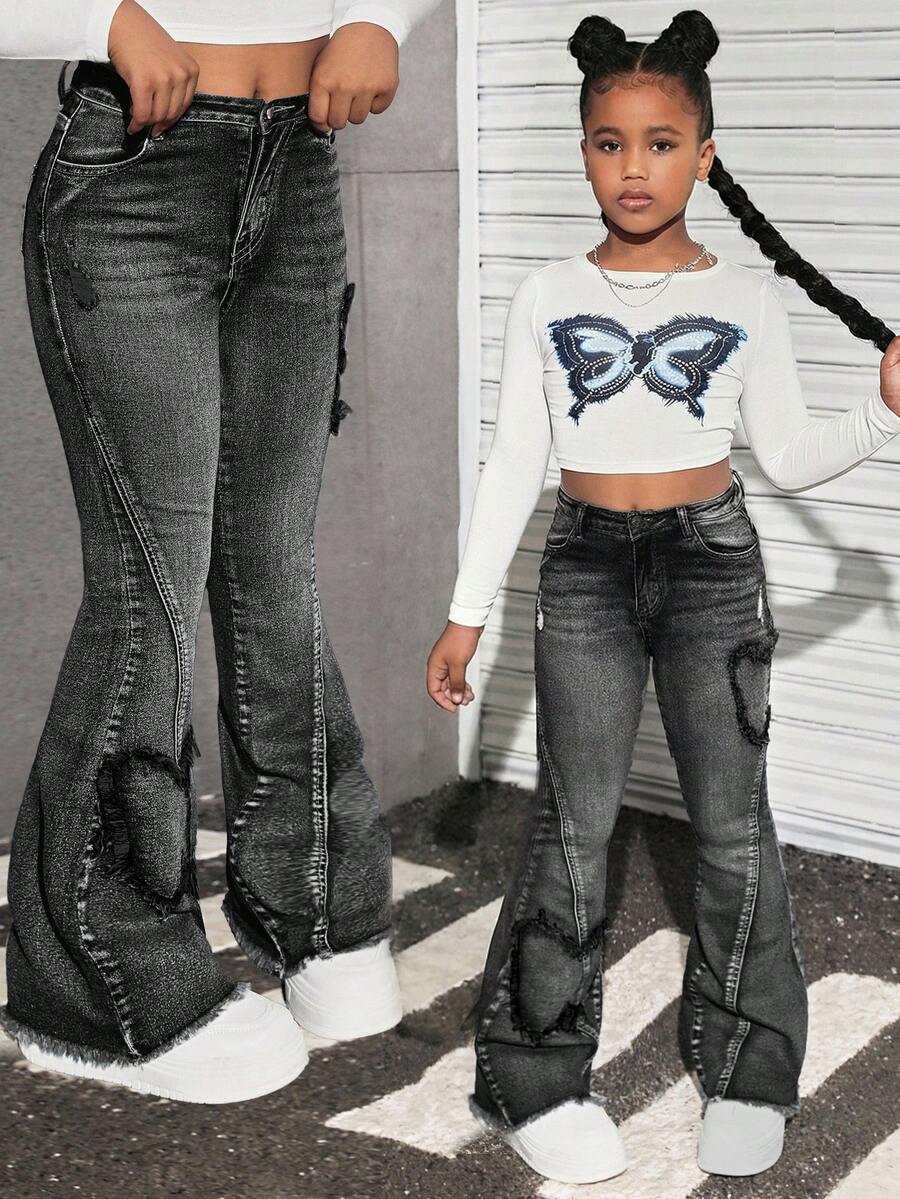 SHEIN Tween Girl Y2K Retro Washed Butterfly Shaped Patchwork Flared Jeans With Pockets And Raw Hem, Fall Back To School Streetwear - Black - View 1