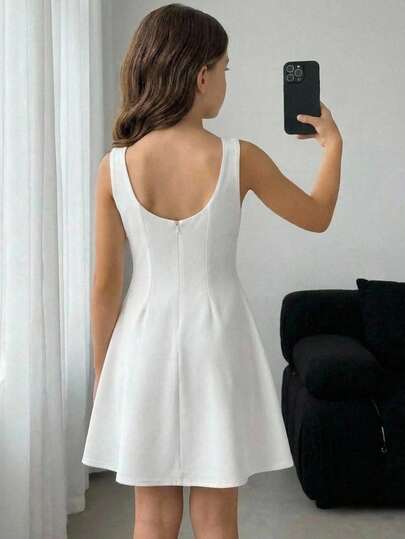 Firerie Kids Đầm mùa hè màu trơn, có khóa kéo, kiểu dáng thường ngày, cổ thuyền, đa năng cho bé gái tuổi teen, màu trắng, đầm mùa hè, đầm dự tiệc trà, đầm tốt nghiệp màu trắng, đầm đi nghỉ mát, thích hợp đi biển.