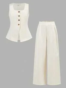 Firerie Kids Tween Girls' Casual Elegant Commute Street Fashion Jacquard Striped Button-Front Sleeveless Vest Top And Straight Leg Pants Set - Khaki - View 7