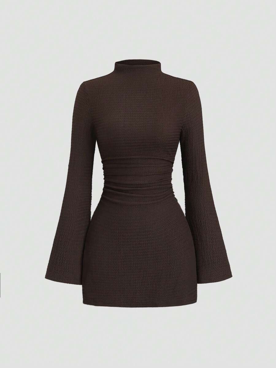 Sweetra Spring/Summer Women's Fashion Elegant Commuter Style Mock Neck Flared Long Sleeve Textured Waist Ruched Fitted Mini A-Line Dress - Brown - View 1