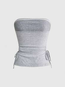 ROMWE J-Fashion Y2K Cross Studded Rhinestone Decor Black Cropped Strapless Drawstring Slit Hem Women Top - Grey - View 3