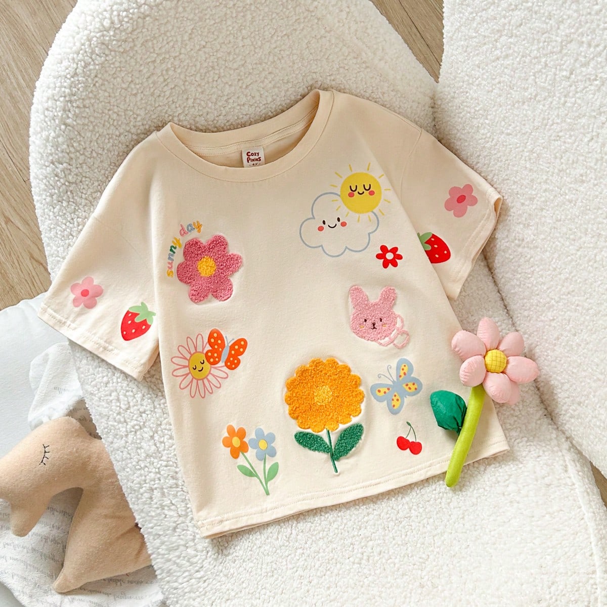 Blusa de punto de cuello redondo de manga corta con estampado de animales de dibujos animados para niña