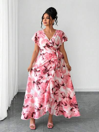 Elenzga Plus Size Women Elegant Casual Vacation Minimalist V-Neck Ruffle Sleeve Belted Waist Irregular Ruffle Hem Long Printed Casual Dress