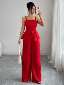 Elenzga Elegant Urban Chic New Women's Red Spaghetti Strap Bow Tie Waist Top And Wide Leg Pants Set, Suitable For Daily Wear, Weddings, Galas, Commuting, Graduation Parties, Holidays, Vacations, Dates, Parties, Halloween, Christmas, New Year, Thanksgiving - Red - View 7