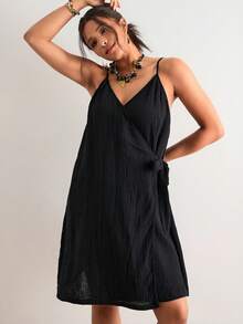 SHEIN VCAY Große Größen Lässig einfarbiges Zugband Wickel-Trägerkleid, Strandkleid, Urlaubsoutfit, Boho-Stil - Schwarz - Übersicht 5