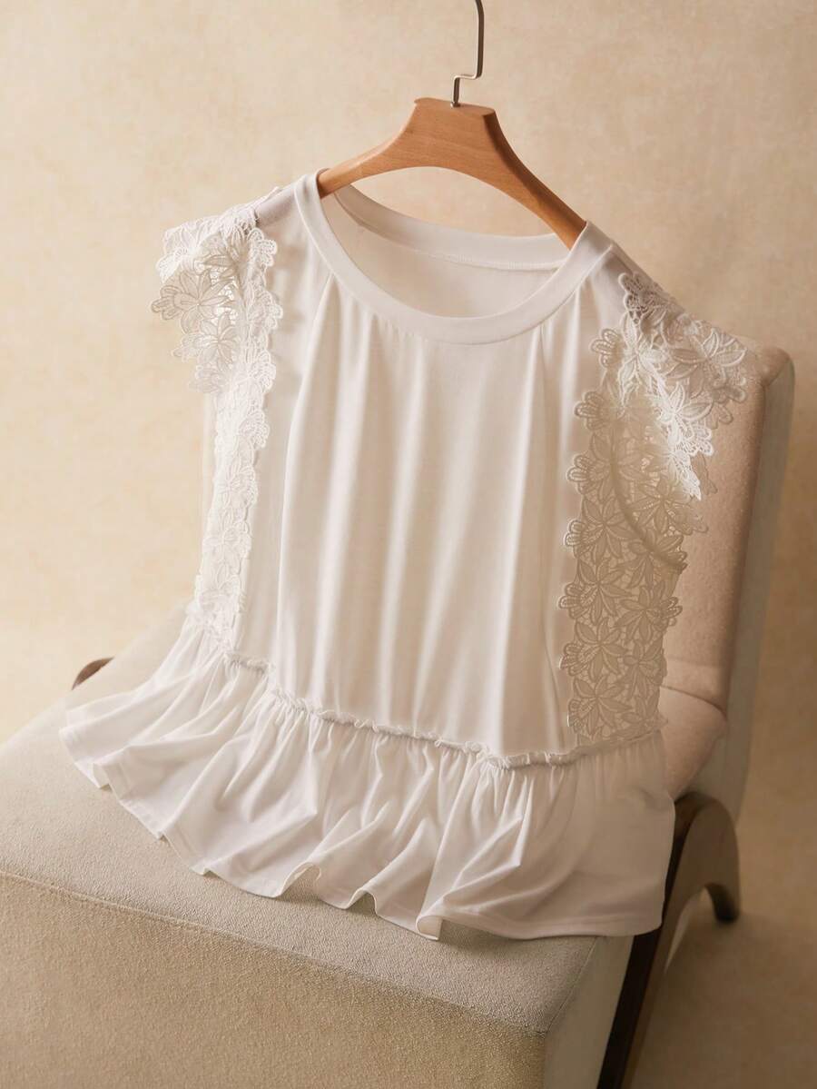 Elaquor Women Plus Size White Summer Elegant Party Lace Patchwork Ruffle Hem T-Shirt,Casual Round Neck Babydoll Tops,Solid Color Lace Blouses For Woman - White - View 1