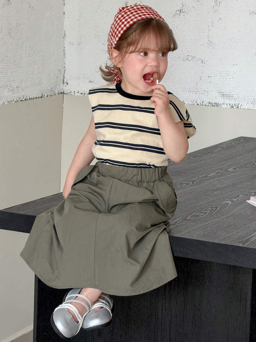 DAZY Toddler Girls' Round Neck Striped Korean Style T-Shirt And Skirt 2-Piece Set - Army Green - View 1