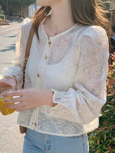 DAZY Women's Embroidered Floral Vintage Elegant Slim Fit Blouse