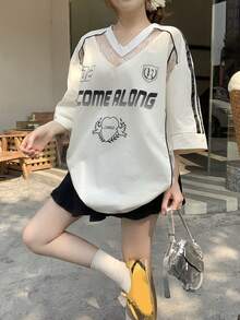 DAZY Women's V-Neck Numeric Print Contrast Lace Loose Street T-Shirt - White - View 5