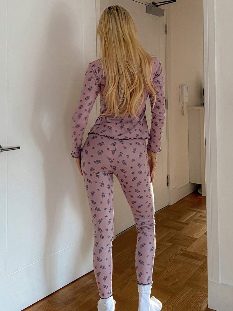 2pcs Floral Contrast Trim Fitted Long Sleeve Top And Pants Pajama Set, Autumn