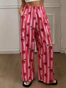 DAZY 红色条纹苹果印花宽松女士睡裤 - 紅色 - 查看 8