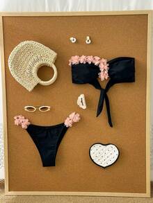 Swim Chiccia 黑色抹胸比基尼套装，饰有花卉褶皱细节，泳装面料，夏季度假款 - 黑色 - 查看 1