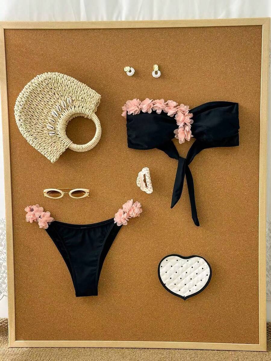 Swim Chiccia 黑色抹胸比基尼套装,饰有花卉褶皱细节,泳装面料,夏季度假款 - 黑色 - 查看 1