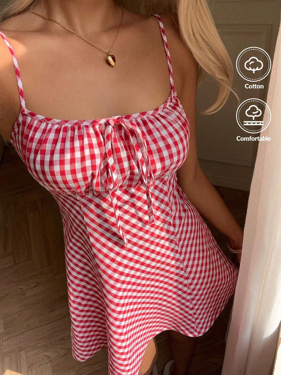 CovetEZ Plaid Front Tie Fashionable Spaghetti Strap Mini Dress For Women - Red and White - View 1