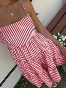 MainGRL 红色条纹针织吊带连衣裙，女士夏季连衣裙，吊带连衣裙，红色连衣裙 - 紅色 - 查看 8