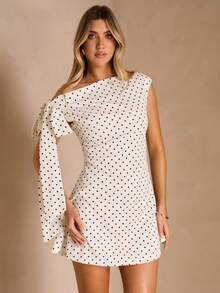 Enchnt 女士时尚波点腰部收褶A字型不对称肩部系带迷你连衣裙 - 杏色 - 查看 5