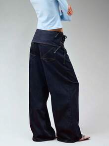 COUREZ Baggy Jeans With Bow Tie Waistband /Y2K Low Rise Jeans Fall Women Clothes Fall Clothes Going Out Outfits Low Waist Jeans - Navy Blue - View 5