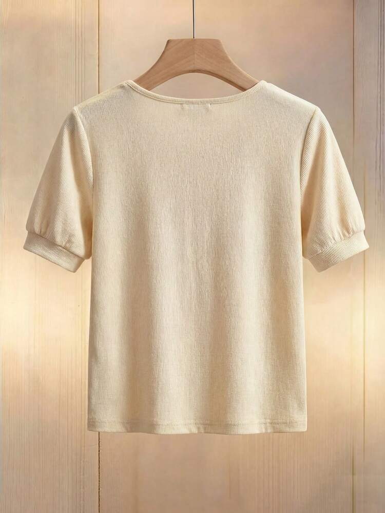 Franclia Camiseta de mujer de cuello redondo de manga corta color albaricoque sólido con adornos de perlas falsas, ajustada, de tela de punto suave y cómoda. Hermosa, exquisita y elegante, adecuada para el uso diario, top de estilo francés, desde la primavera hasta las vacaciones de verano - Albaricoque - Añade 2