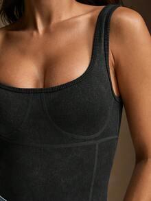 Anewsta Petite 女士时尚优雅方领针织罗纹背心，水洗T恤连体衣，秋季款 - 黑色 - 查看 4