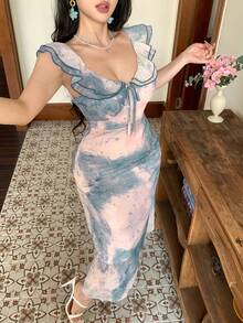 DAZY 女士优雅印花荷叶边系带无袖中长连衣裙，夏季婚礼宾客礼服，女士吊带裙 - 藍色 - 查看 3