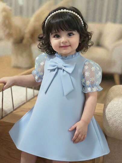 SHEIN Baby Girl Casual Comfortable Butterfly Collar Puff Sleeve Dress