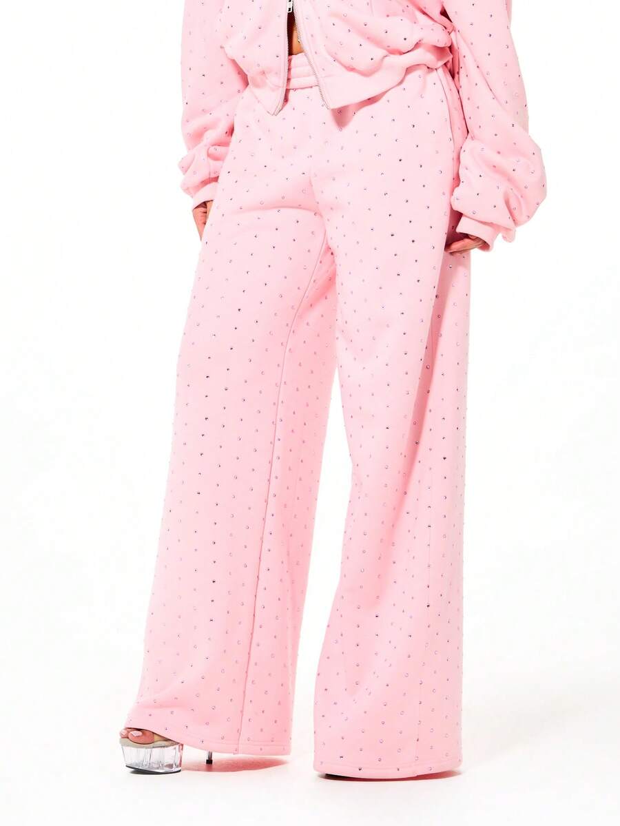 SUMWON WOMEN Quần jogger ống rộng dáng rộng SUMWON dành cho nữ, đính đá lấp lánh toàn thân, chất liệu vải mài, phối cùng các chi tiết lấp lánh đơn giản, thích hợp cho Ngày Valentine. - Hồng - Xem 1