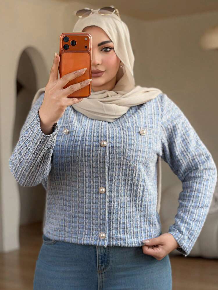 Dazy Plus Plus Size Women's Crew Neck Long Sleeve Cropped Cardigan Jacket, Elegant