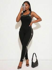 SHEIN SXY 大码方领无袖修身亮面连体裤 - 黑色 - 查看 7