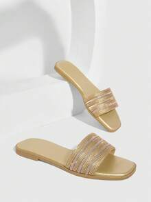 CUCCOO SZL Women's Summer Casual Flat Sandals With Zipper And Rhinestone Design, Non-Slip Beach Slippers - Gold - View 1