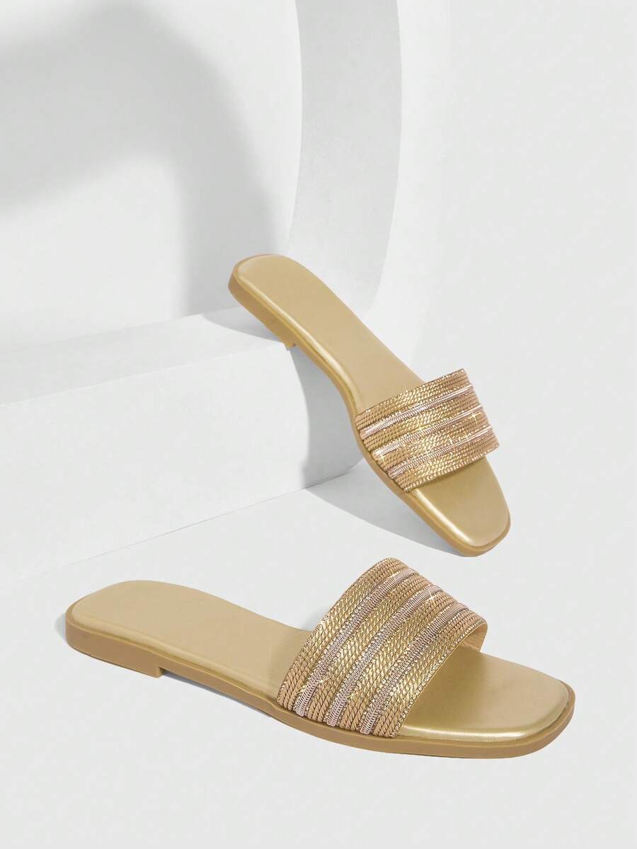 CUCCOO SZL Women's Summer Casual Flat Sandals With Zipper And Rhinestone Design, Non-Slip Beach Slippers - Gold - View 1