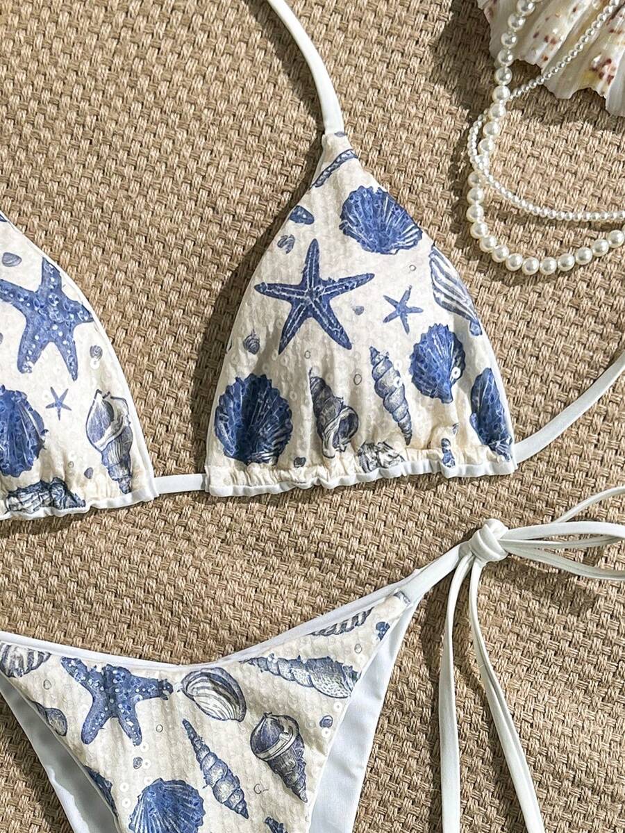Swim Basics 2pcs Sequin Textured Halter Bikini Top And Side Tie Bottoms, Beach Swimwear Set With Ocean Elements, Spring/Summer Boho Bikini Set Seashell Bikini Pattern Bikini Starfish Bikini Sea Shell Bikini - Multicolor - View 1