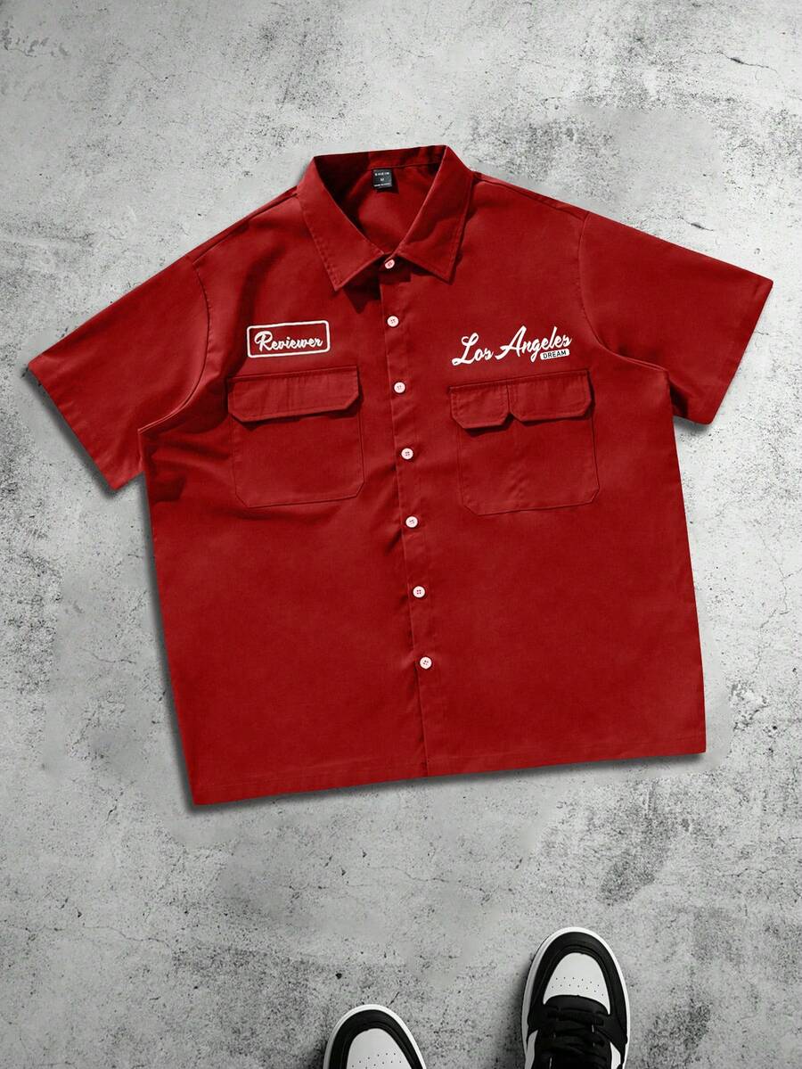 PAVTROS 男士大码休闲宽松工装口袋衬衫，纽扣前襟方正短袖衬衫，多口袋设计，都市休闲风，百搭实用，都市时尚，日常休闲，时尚百搭，节日礼物，男友礼物 - 紅色 - 查看 1