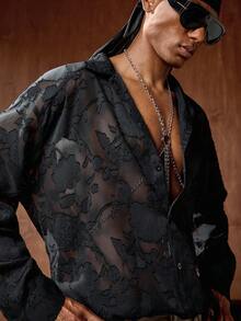 AKNOTIC Business Casual 男士梭织半透明镂空长袖休闲衬衫 - 黑色 - 查看 3