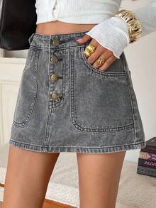 DAZY Chân váy denim ngắn dáng chữ A cạp thường dành cho nữ, phong cách đường phố thanh lịch và thường ngày. - Xám - Xem 3